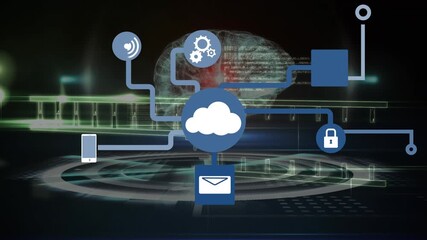 Animation of digital brain over dna strand and network of connections on black background - Powered by Adobe