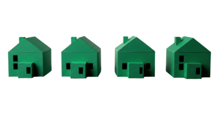 extreme macro of four identical emerald green paper models of minimalist houses, perfectly aligned on reflective black glass in a high-key studio, symbolizing stability and organized asset management