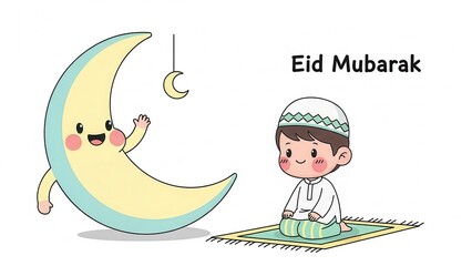 Cute cartoon boy praying on mat next to smiling crescent moon, Eid Mubarak greeting