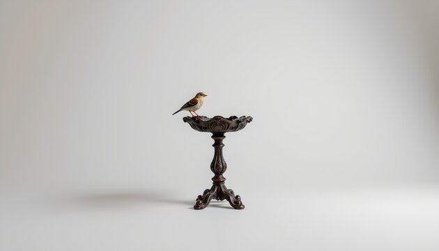 A small bird is perched on top of an antique style stand with a single tier. The tableau is set against a plain background.