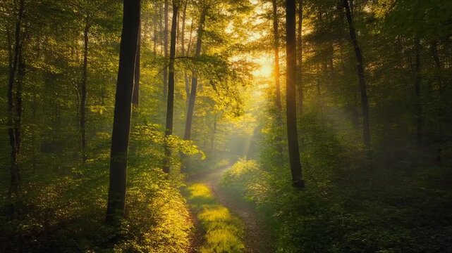 A serene forest pathway with sunlight filtering through trees, casting a warm glow on the lush greenery and underbrush, perfect for nature and travel themes