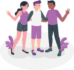 Obraz premium Three diverse individuals standing together in a friendly gesture, surrounded by plants, in a flat illustration style.
