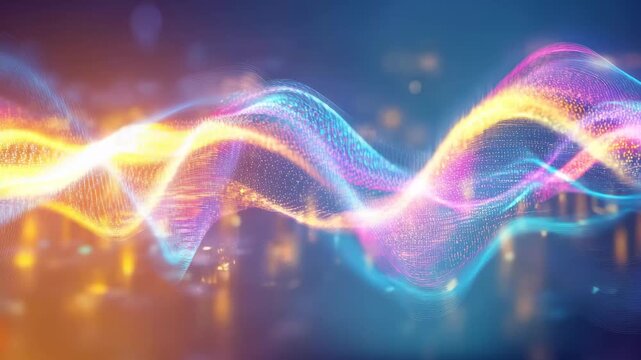 Colorful light waves create artistic patterns over a city skyline at night with blurred city lights in the background