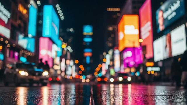 Cinematic bokeh of a busy city street at night with vibrant neon billboards and silhouettes of people walking on wet pavement reflecting colorful lights 4k video