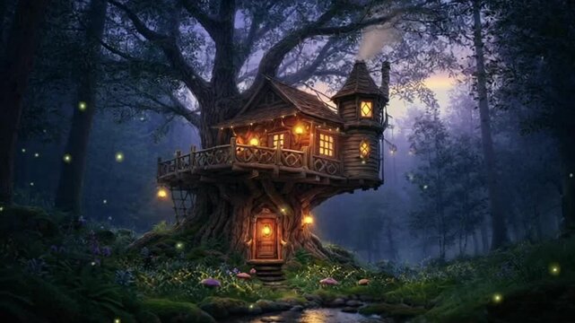 Whimsical treehouse in a mystical forest at dusk with fireflies dancing around it, surrounded by tall trees and a serene stream. Possible use for fantasy or adventure themes