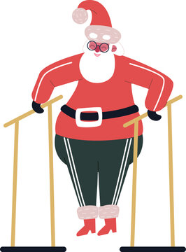Santa Claus exercising on parallel bars for Christmas fitness