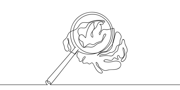 A single artistic line a magnifying glass into the brain. minimalist outline vector illustration Editable stroke.