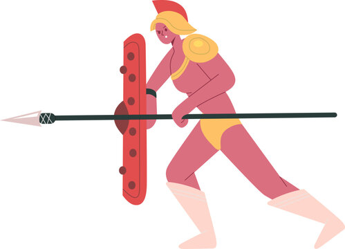 Female gladiator fighting with spear and shield
