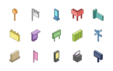 Outdoor advertising isometric 3d icon set. Flat vector billboard symbols isolated.