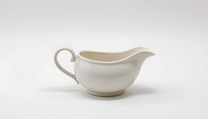 A white ceramic jug on a plain surface against a neutral background. The jug has a curved spout, suggesting it's designed for pouring liquids