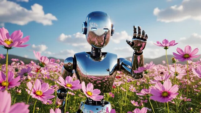 A futuristic robot standing in a vibrant field of pink flowers stretches out a hand under a sunny blue sky with white clouds