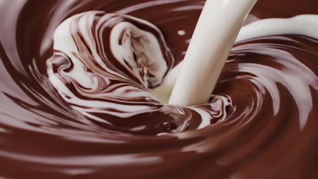 Chocolate sauce with milk pouring into it, creating ripples, in a kitchen setting, for food or dessert advertisement