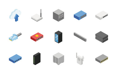 Network hardware isometric 3d icon set. Flat vector internet symbols isolated.