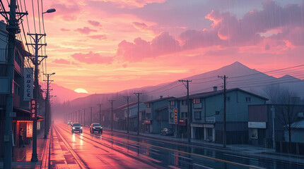 Anime illustrations, beautiful views of nature and landscapes, cozy Japanese houses illuminated by sunset. Rain, Lo-Fi style.