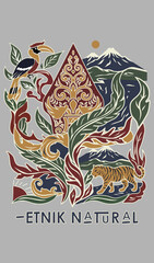 Indonesian ethnic t-shirt design featuring Wayang Gunungan, Tiger, and Hornbill illustration. Traditional cultural art with floral ornaments and mountain background. Vector apparel mockup template © sudarwis