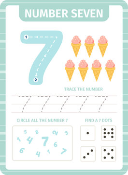 Kids learning number seven math worksheet with ice cream