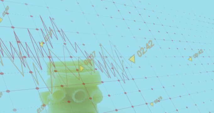 Animation of financial data processing over nudles on blue background
