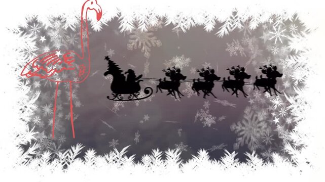 Animation of falling snowflakes, santa riding sleigh and flamingo drawing with frozen flame
