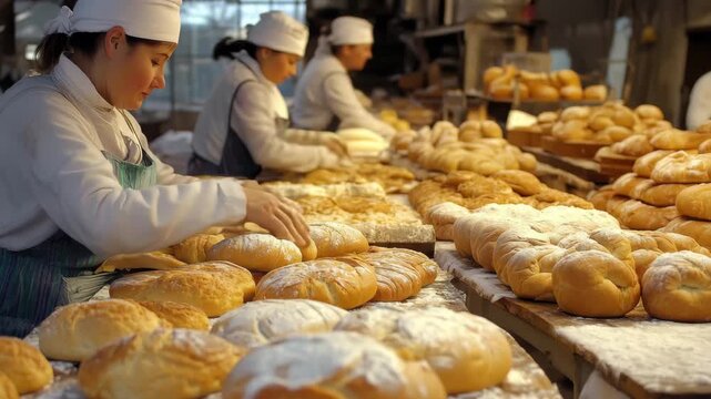 Bakers at work in a bustling bakery preparing fresh bread in the early morning