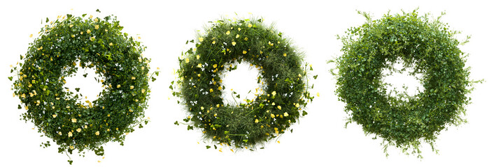 Circular Meadow Grass Wreath with Yellow Wildflowers Isolated on White