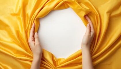 A person's hands holding back a vibrant yellow fabric to reveal a blank white space