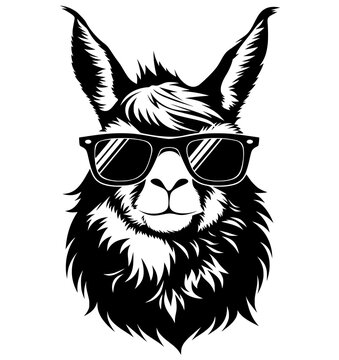 stylized black white llama face portrait with sunglasses, bold graphic illustration with modern pop art style and cool attitude.