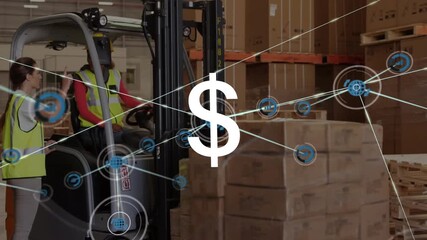 Animation of dollar sign, connected icons over multiracial coworkers discussing in warehouse