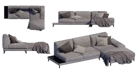 3D render of a sofa from various angles on a transparent background