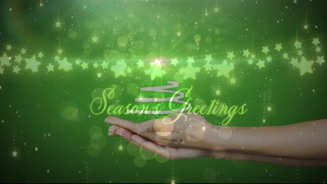 Animation of glowing stars over christmas tree icons and season greetings text over cupped hands