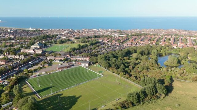 Whitley Bay Monkseaton UK: 16th Aug 2025: Whitley Bay Rockcliff RFC drone view. The coast is visible in the background