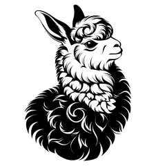 Obraz premium stylized black white llama illustration with decorative fur and elegant pose, isolated on white background, ornamental animal art concept.