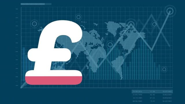 Animation of british pound sign filling up with pink, world map and financial data processing