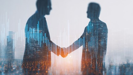 Business handshake silhouette with city skyline and financial growth chart overlay