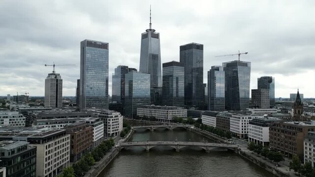 Aerial View of Frankfurt Cityscape Skyline on an Overcast Day in Mainhattan, Germany.mp4