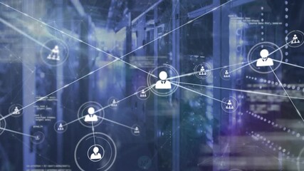 Animation of network of connections with icons and data processing over server room - Powered by Adobe