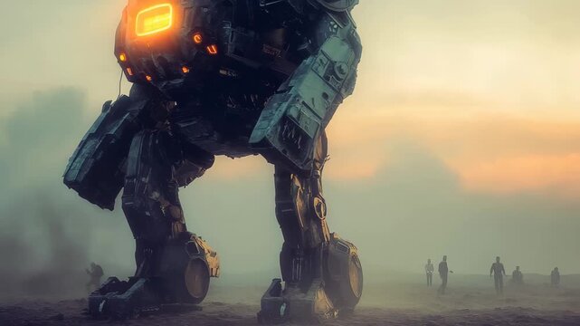 Giant mech robot stands in foggy landscape at dusk with glowing lights and distant figures