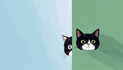 Fototapeta premium A black cat peeking out from behind a green wall