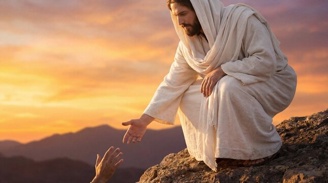 Man in white robe offering help with outstretched hand. Jesus Christ figure on mountain during sunset for religious teaching.