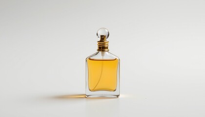An open bottle of cologne stands prominently against a white background, emphasizing its transparency and the golden liquid within.