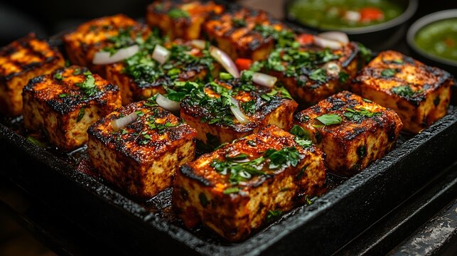 Serving of rich paneer tikka with marinated cubes grilled to perfection garnished with onions and bell peppers accompanied by mint chutney