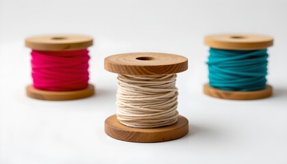 Three spools of thread in various colors—white, blue, and red—on display against a plain background. Each spool has a wooden centerpiece.