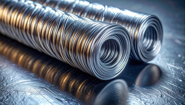"Tightly wound metallic wire coils with polished surface, industrial material emphasizing precision, uniformity, manufacturing, construction, and electrical applications."