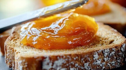 Jam spreading knife apricot preserve spreading action toast bread golden swirl ribbons breakfast preparation culinary motion photography