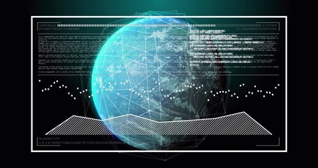 Animation of interface with data processing over network of connections against spinning globe - Powered by Adobe