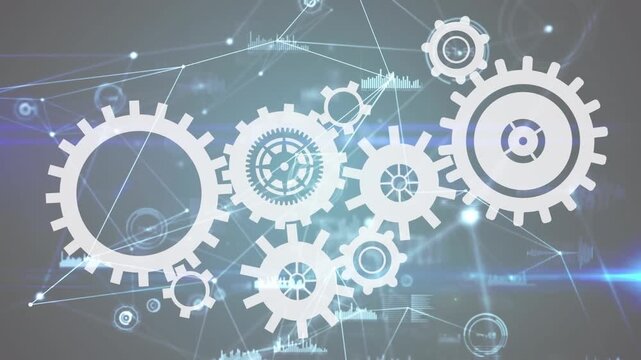 Animation of mechanical gears and connected dots with graph icons over abstract background