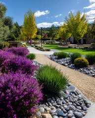 Obraz premium Vibrant garden pathway with blooming flowers and neatly arranged rocks near a tranquil landscape