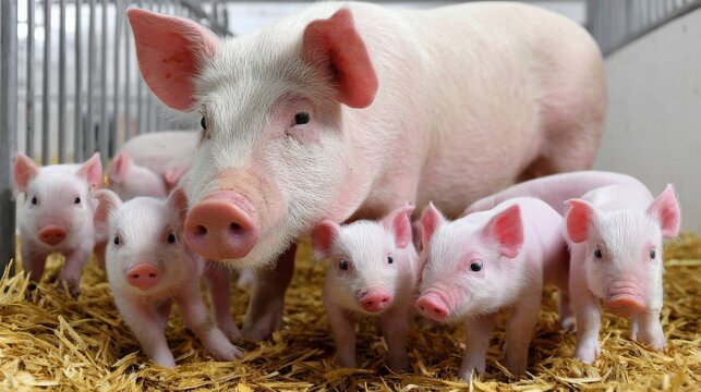 Mother pig and her piglets exploring their pen during a sunny day on a farm