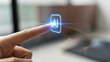 A hand interacting with a futuristic glowing interface on a touchscreen device