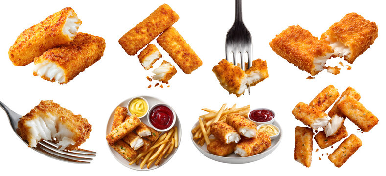 Set of fish fingers sticks, golden brown fried crispy battered crust with flaky fish fillet meat, french fries sauce dip, fork, stack broken bitten pile pieces, transparent cutout PNG. Mockup template
