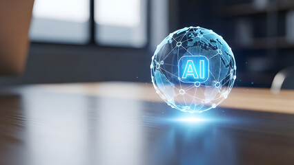 A glowing blue AI logo on a futuristic globe in a modern office
